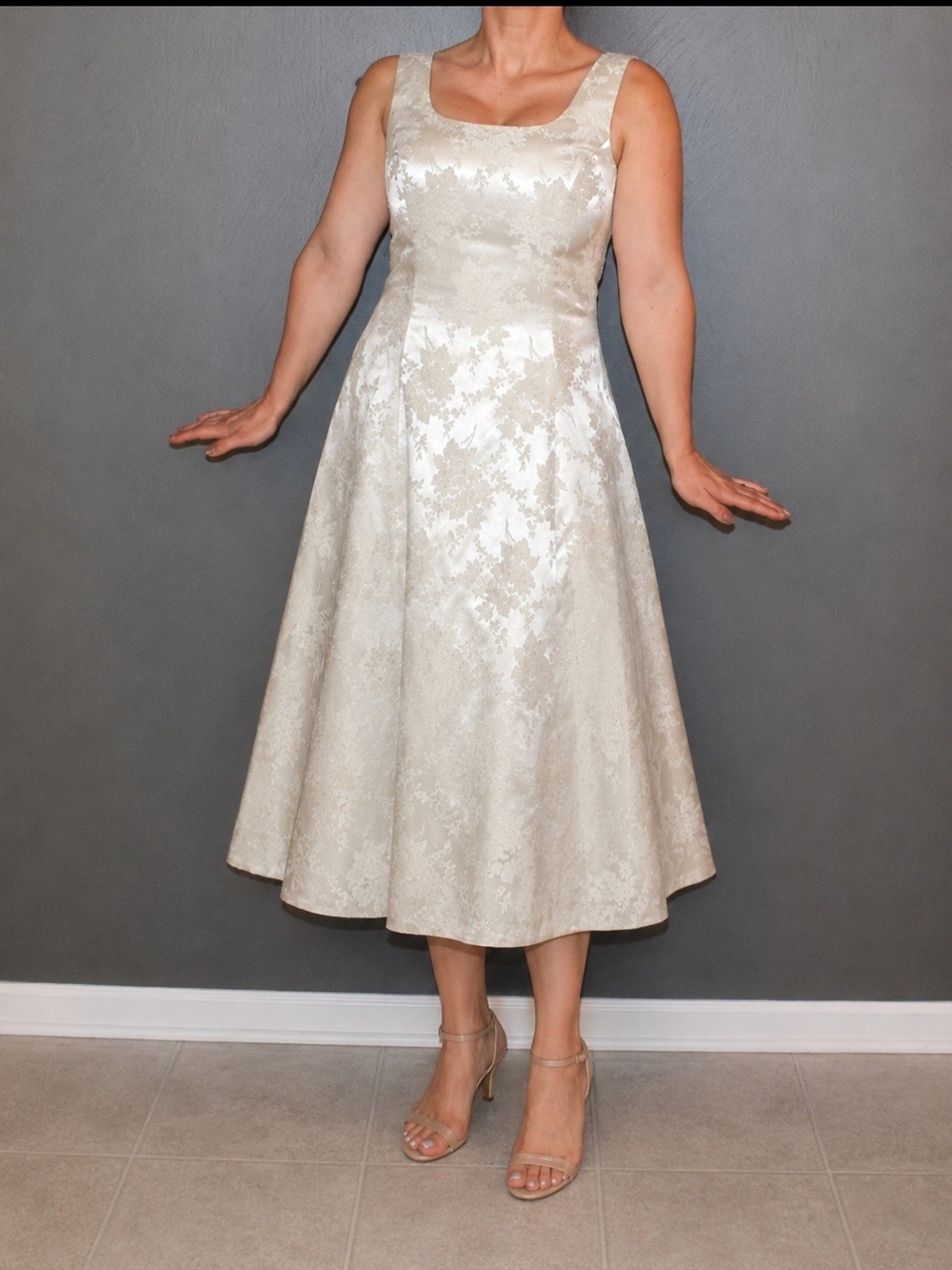 Jessica McClintock Vintage Ivory Bridal Jacquard Tea-Length Midi A-line Dress